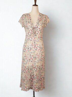 Hommage Floral Midi Dress Flutter Sleeve Size Small Cream/Soft Sage/Muted Rose